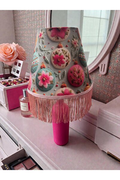 MAİSON ALİSA Handmade Dekoratif Pembe Noel Saçaklı Abajur Cam Şişe Gövde Masa...