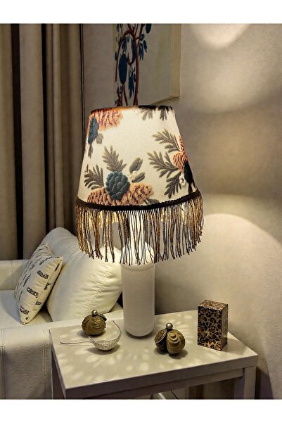 MAİSON ALİSA HandMade Dekoratif Küçük Boy 48 cm Beyaz Kozalak Saçaklı Abajur ...