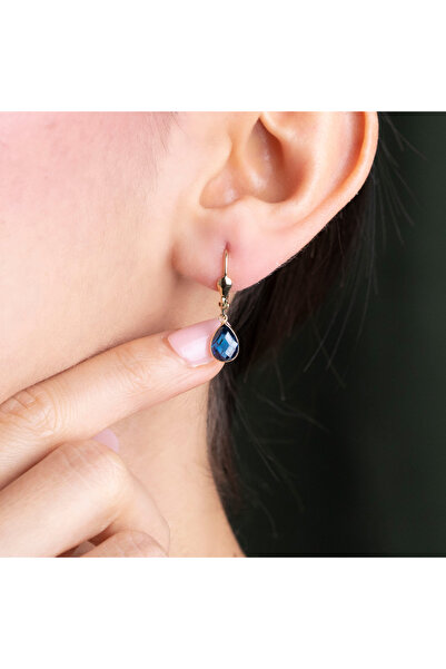 Goldstation 14 Ayar Altın Küpe Zirkon Damla Taşlı(MAVİ) (çift)