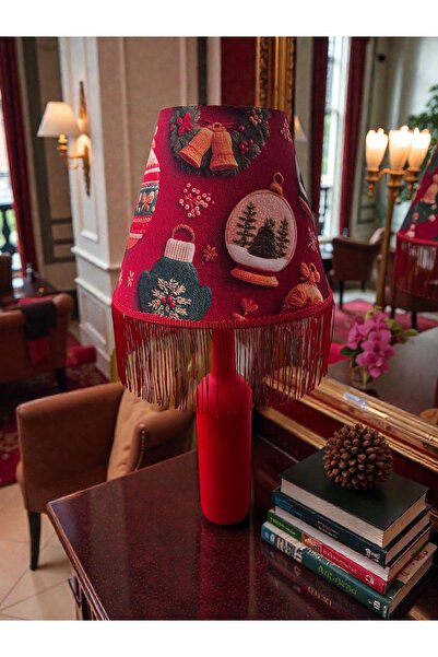 MAİSON ALİSA Handmade Dekoratif Kırmızı Noel Saçaklı Abajur Cam Şişe Gövde Ma...