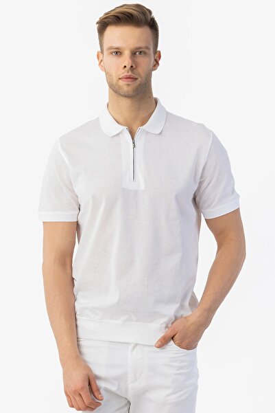 Sabri Özel Fermuarlı Polo Yaka Erkek T-Shirt Beyaz