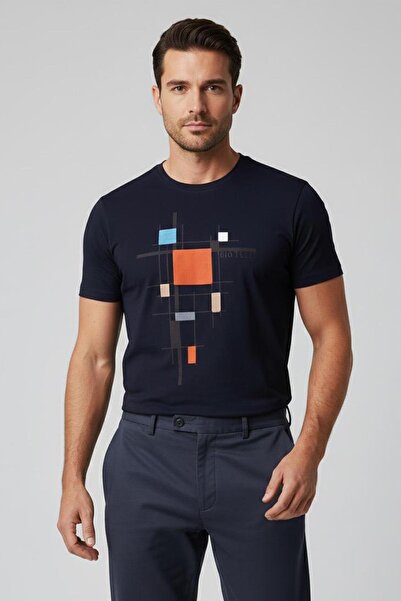 Sabri Özel Lacivert Slim Fit %100 Pamuklu Baskılı Bisiklet Yaka Tişört