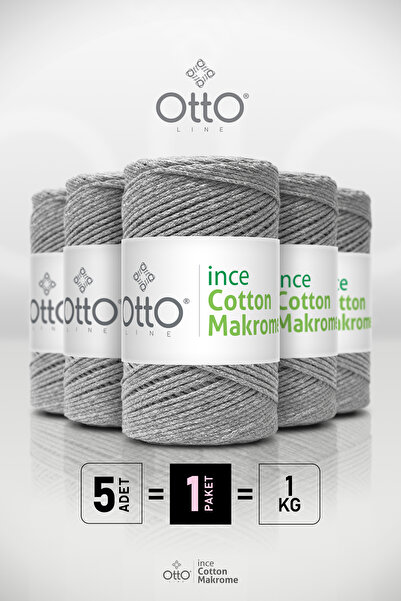 Otto İnce Cotton Makrome - Açık Gri - 5'li Paket - 2mm/200gr/170m - Pamuk Makrome, Çanta, Aksesuar ipi