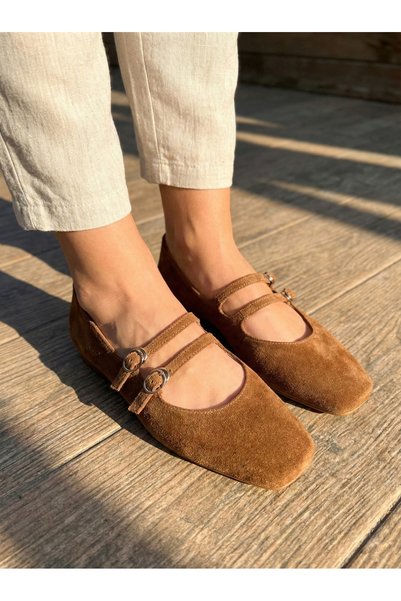 SALDA Genuine Leather Women's Brown Suede Mary Jane Ballet Flats - Handmade Daily Comfortable Shoes