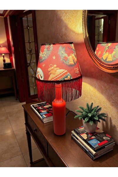 MAİSON ALİSA HandMade Dekoratif Küçük Boy 48 cm Kırmızı Noel Saçaklı Abajur M...