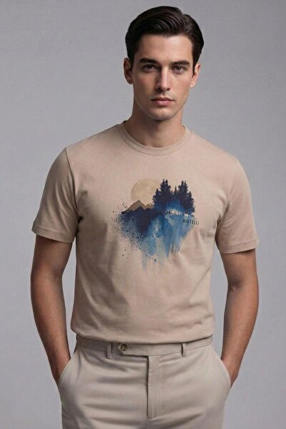 Sabri Özel Baskılı Bisiklet Yaka Erkek T-Shirt Bej