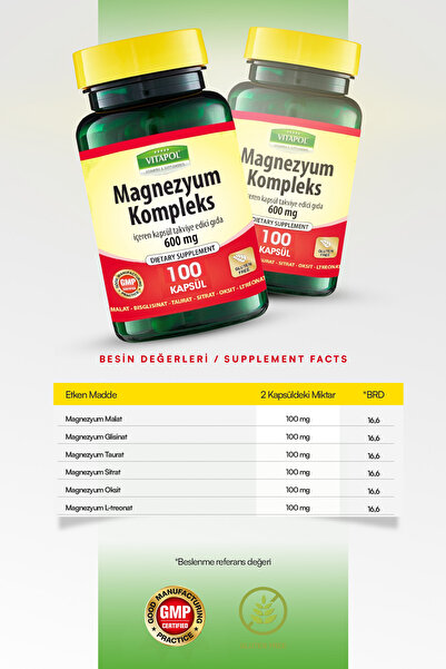 Vitapol Magnezyum Kompleks 600 mg – 100 Kapsül | 6 Formda Magnezyum | Kas, Sinir ve Enerji Desteği
