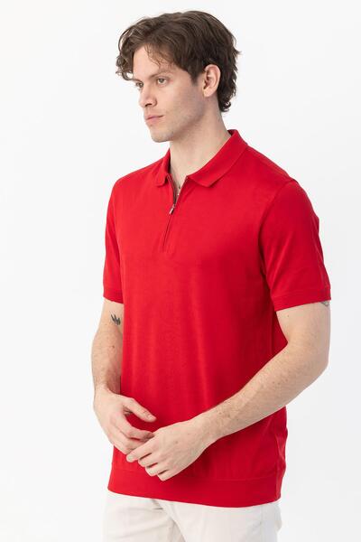 Sabri Özel Fermuarlı Polo Yaka Erkek T-Shirt Kırmızı