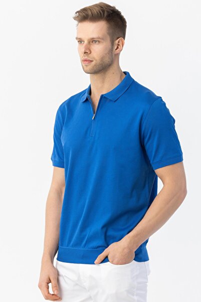 Sabri Özel Fermuarlı Polo Yaka Erkek T-Shirt Saks