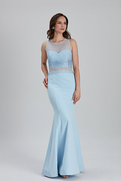 Neva Style Сукня з атласу блакитного кольору з вишивкою бісером 4359BM