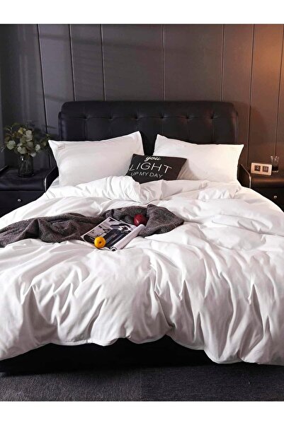 CAQQA bumbac 100% Set de lenjerie de pat dublu alb din satin mat