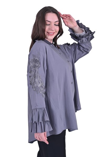 Invee Sleeve Ruffle Shirt Gray