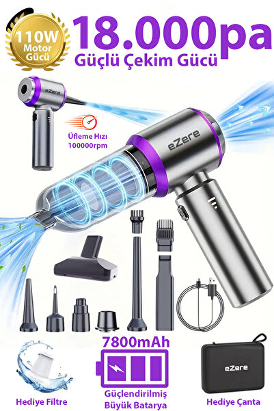 EZERE 7800 mAh Güçlendirilmiş Pil 18000pa Güçlü Portatif Vakumlu Kablosuz Üflemeli Mini Araç Süpürgesi