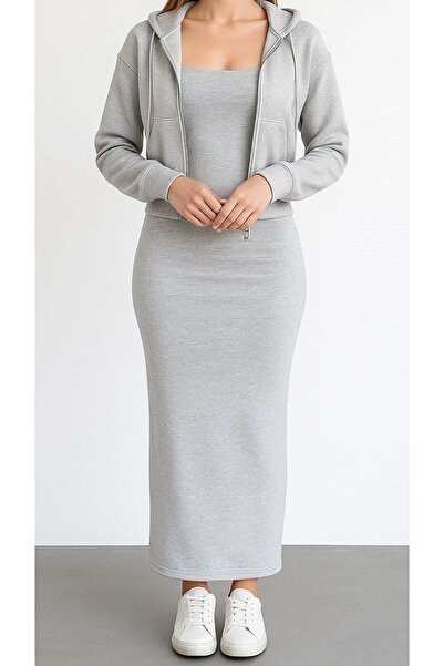 outlab Kadın Şık Hırka Triko Elbise Takım