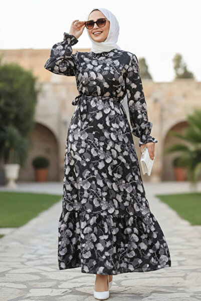 Neva Style Floral Patterned Black Hijab Dress 60901S