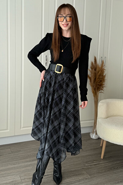 Dilay Gökoğlu Butik Ekose Asimetrik Şifon Zarif Midi Siyah Etek