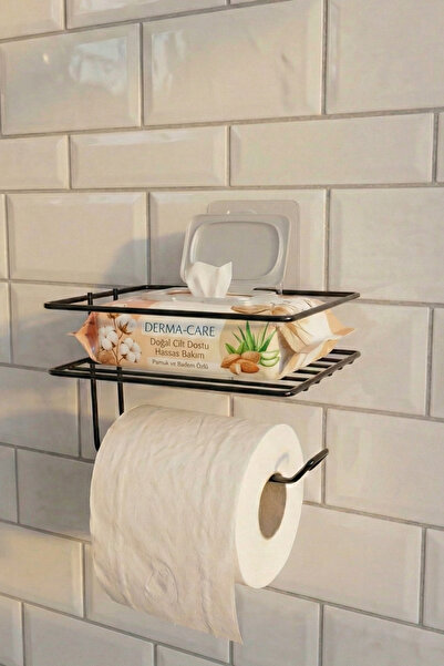 AKAMİNO Yapışkanlı Tuvalet Kağılığı Tutacağı Askısı Yedek Bölmeli Siyah Metal Tuvalet Kağıtlığı