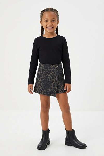 NEWKİDS Leopar Baskılı %100 Pamuk Kız Çocuk Kot Şort Etek