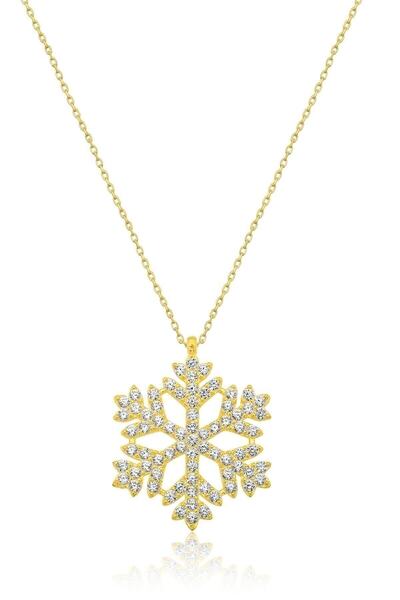 KAR DİAMOND 925 Ayar Gümüş Altın Kaplama Zirkon Taşlı Kar Tanesi Kolye - Sert...