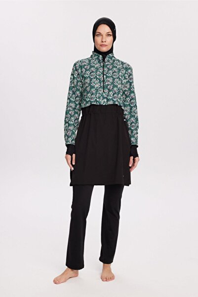 Haşema Esila Green Floral Patterned 5 Piece Full Hijab Swimsuit Set 2934