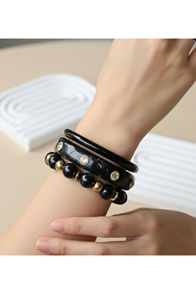 FİRST JEWELRY Siyah Kemik 3'lü Kadın Taş Detaylı Bilezik Kelepçe