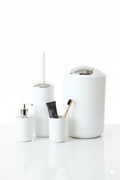 Saban 4-Piece White, Bathroom Accessory Set, Trash Can Set - Brazil Model