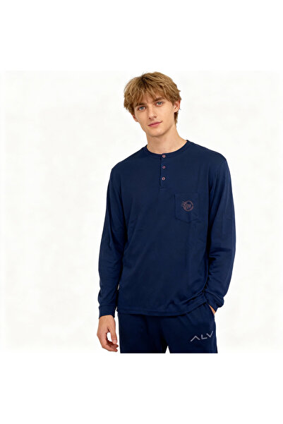 BONBON طقم بيجامة رجالي من القطن باللون الأزرق الداكن AL007 V1