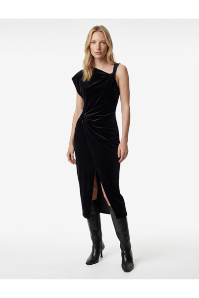 Koton Slim Fit Asimetrik Yaka Düğüm Detaylı Kruvaze Kadife Elbise