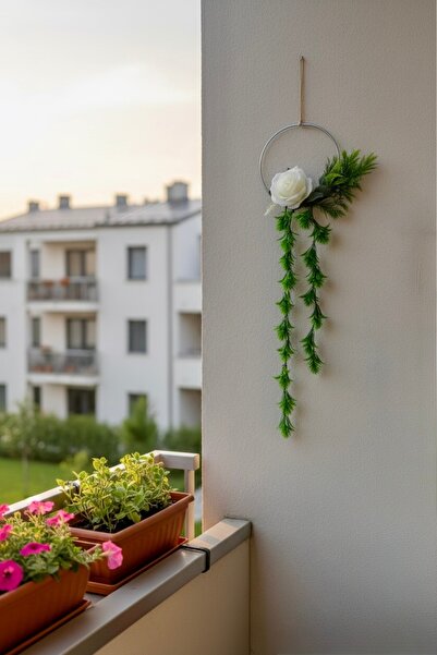 MACROMEKİDS El Yapımı Demir Kasnak Bohem Duvar Süsü – Yapay Çiçekli Jüt Ipli Balkon & Hediyelik Dekor