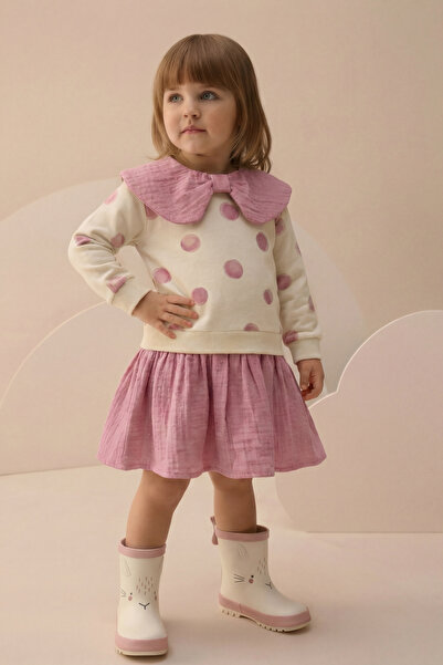 Minipodyum Сезонна рокля от муселинова материя с дълъг ръкав и точки за момиче