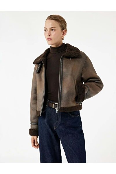 Koton Women's Clothing Faux Fur Collar Zipper Leather-Look Biker Coat 6Wak200...