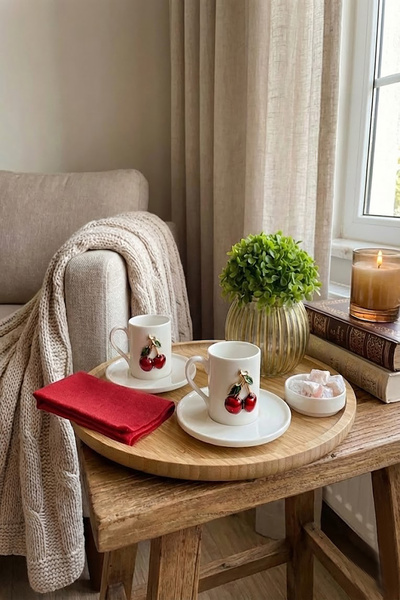 EVONİTA Cherry Figured Porcelain Turkish Coffee Cup Set for 2 People, 4 Piece...