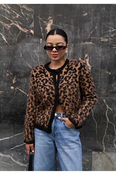FLEX FASHION Cardigan popular pentru femei, cu decolteu, cu imprimeu leopard