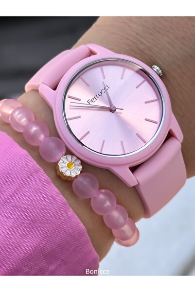 Ferrucci Müthiş Tasarımı ile Soft Renklerde Silikon Kordon Kadın Saat Pembe Renk Bileklik Hediyeli