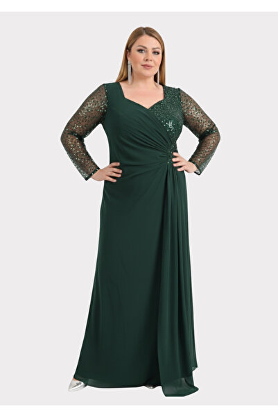 LİLAS XXL Büyük Beden Yeşil Renkli Şifon Uzun Abiye Elbise