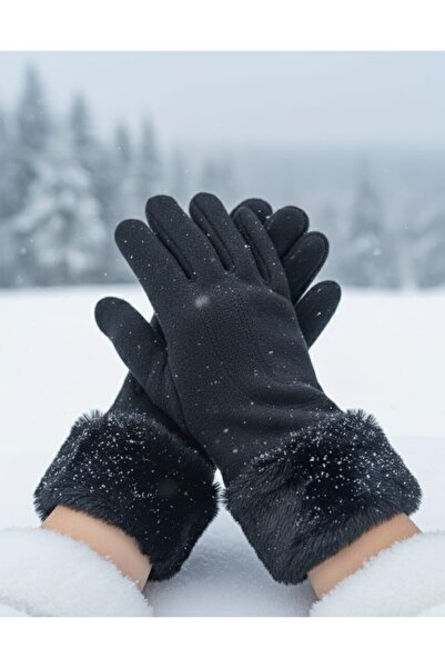 Modalight Kadın, Termal,polar Bileği,Tay tüyü Peluş Detaylı,Siyah