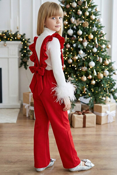 Parla Kids Kız Çocuk Berlin Kırmızı Pamuklu Fırfırlı Bağlama Detaylı Yılbaşı Tulum