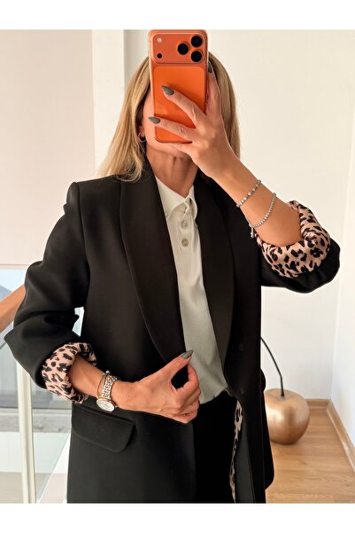 Lueurboutique Şal Yaka Premium Siyah Leoplar Detaylı Vatkalı Blazer Ceket