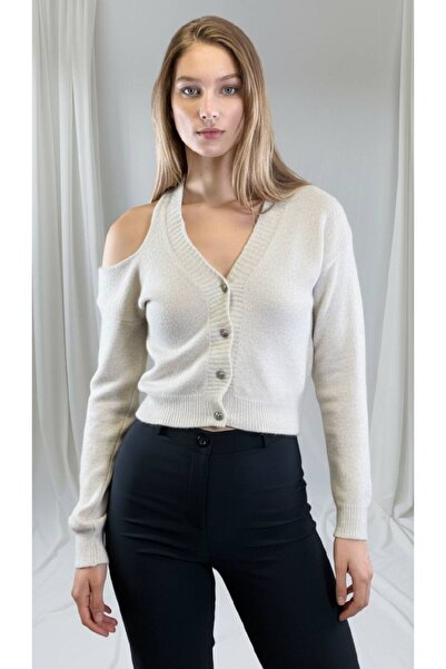 Miss Poem Γυναικεία μακρυμάνικη ζακέτα με λαιμόκοψη σε σχήμα V με ανοιχτό ώμο και κοντό πλεκτό βιζόν