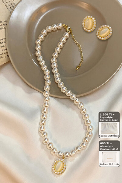 Shylyn Yapay İnci ve Yapay Kedi Gözü Taslı Kolye + Küpe Seti