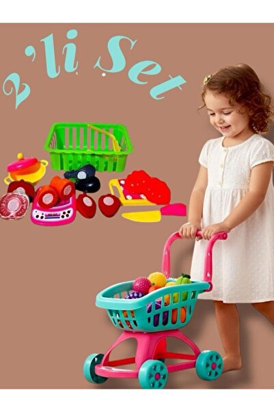 SAZE MARKET ARABASI PEMBE + 16 PARCA KESİLEBİLİR MEYVE VE SEBZE SEPEİ İLE BİR...