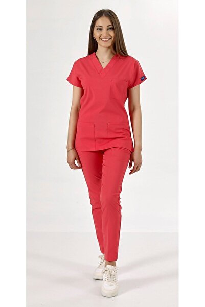 Uçak Medikal Nar Çiçeği Core-flex Likralı Cerrahi Takım Hemşire & Doktor Forması