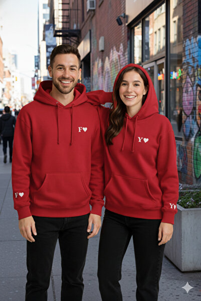 LiyAda Oversize Sevgili Çift Kombini Yılbaşı Hediyesi Kişiye Özel Harf Baskılı Kapüşonlu Sweatshirt