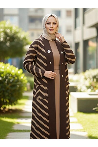 YusGos Women's Hijab Button Detailed Long Striped Cardigan Brown Standard