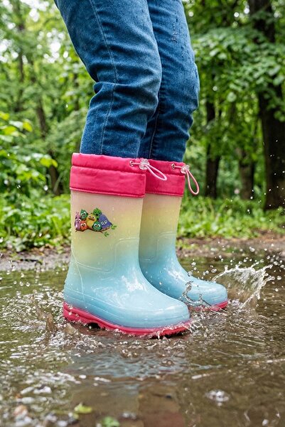 GEZER Kışlık Kız Çocuk Su Geçirmez İçi Sıcak Astarlı Şeffaf Yağmur Çizme