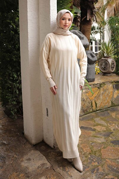 İmajButik Cream Stand Collar Mercerized Knitwear Dress