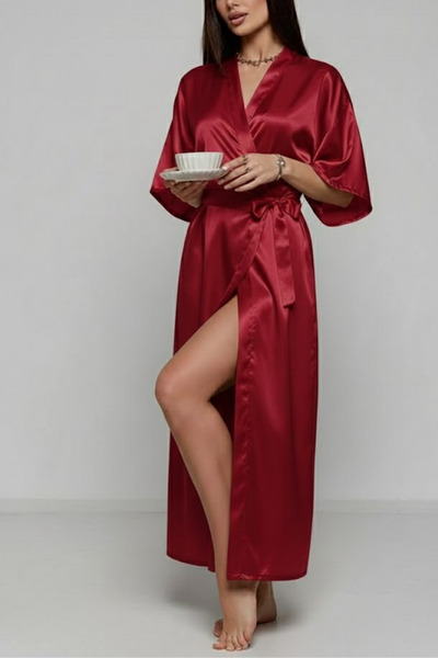 ZENCHES روب طويل أحمر مع حزام من الساتان - مريح، مناسب للعروس