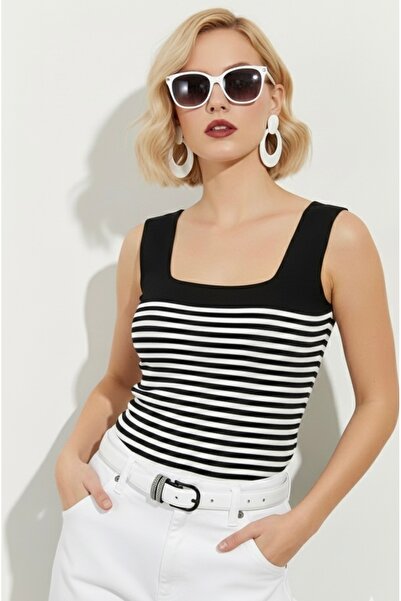 Be Best Women's Black Striped Knitwear Square Neck Blouse Be266