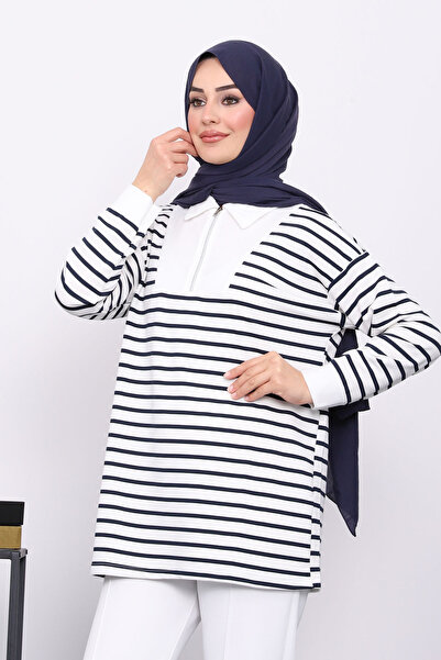 İmajButik Синій светр з коміром на блискавці - смугастий двоколірний світр