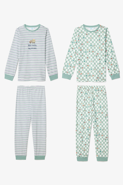 Penti Off-White Jungen-Pyjama-Set mit langen Ärmeln aus gestreifter Baumwolle mit kleinem Truck-Motiv, 2-teilig
